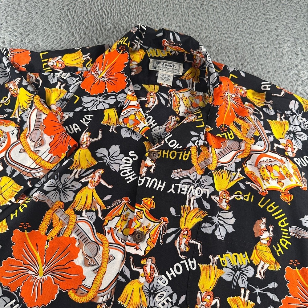 Avanti Hawaiian Shirt Mens L Silk Aloha Hula Hands Black Camp Loop Collar Rare
